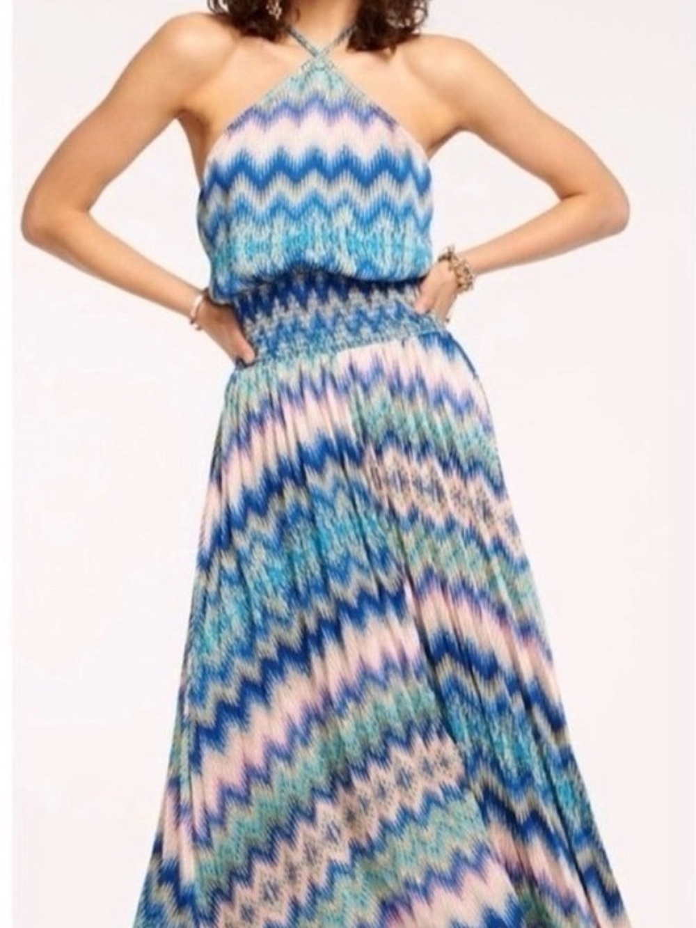 Ramy Brook Blue, Pink and Teal Chevron Halter Giana Maxi Dress